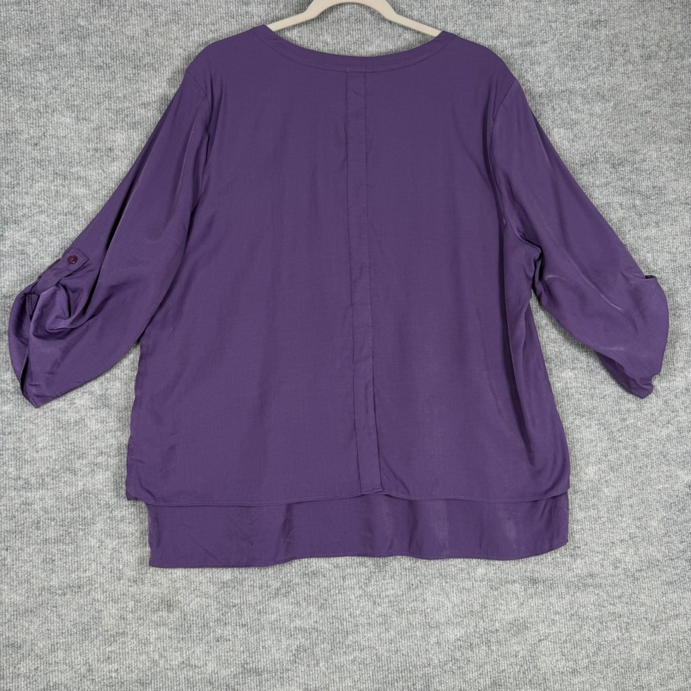 Chico's Size-3 (XL) Top Purple Henley Blouse Roll Tab Sleeve Layered Hem - Picture 2 of 10